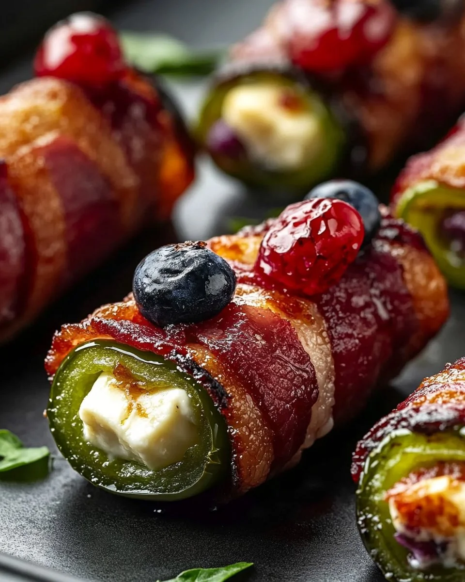 Berry-Burst Brie Jalapeños in Crispy Bacon