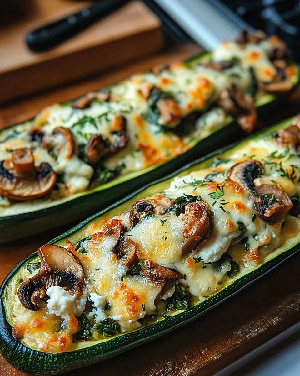 Spinach, Mushroom, and Ricotta Stuffed Zucchini Boats