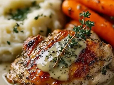 Creamy Herb Chicken with Mashed Potatoes and Honey Glazed Carrots