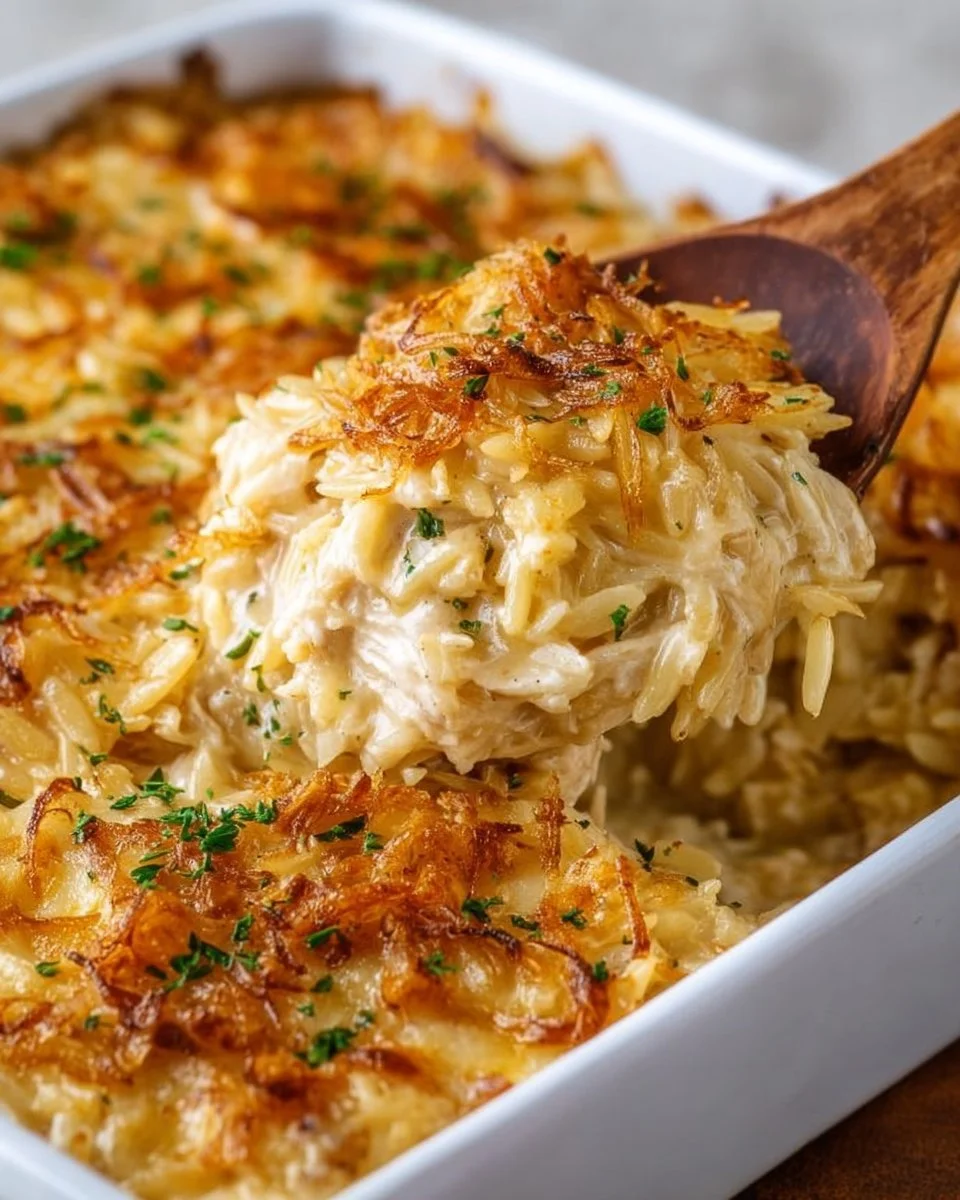 French Onion Chicken Orzo Casserole