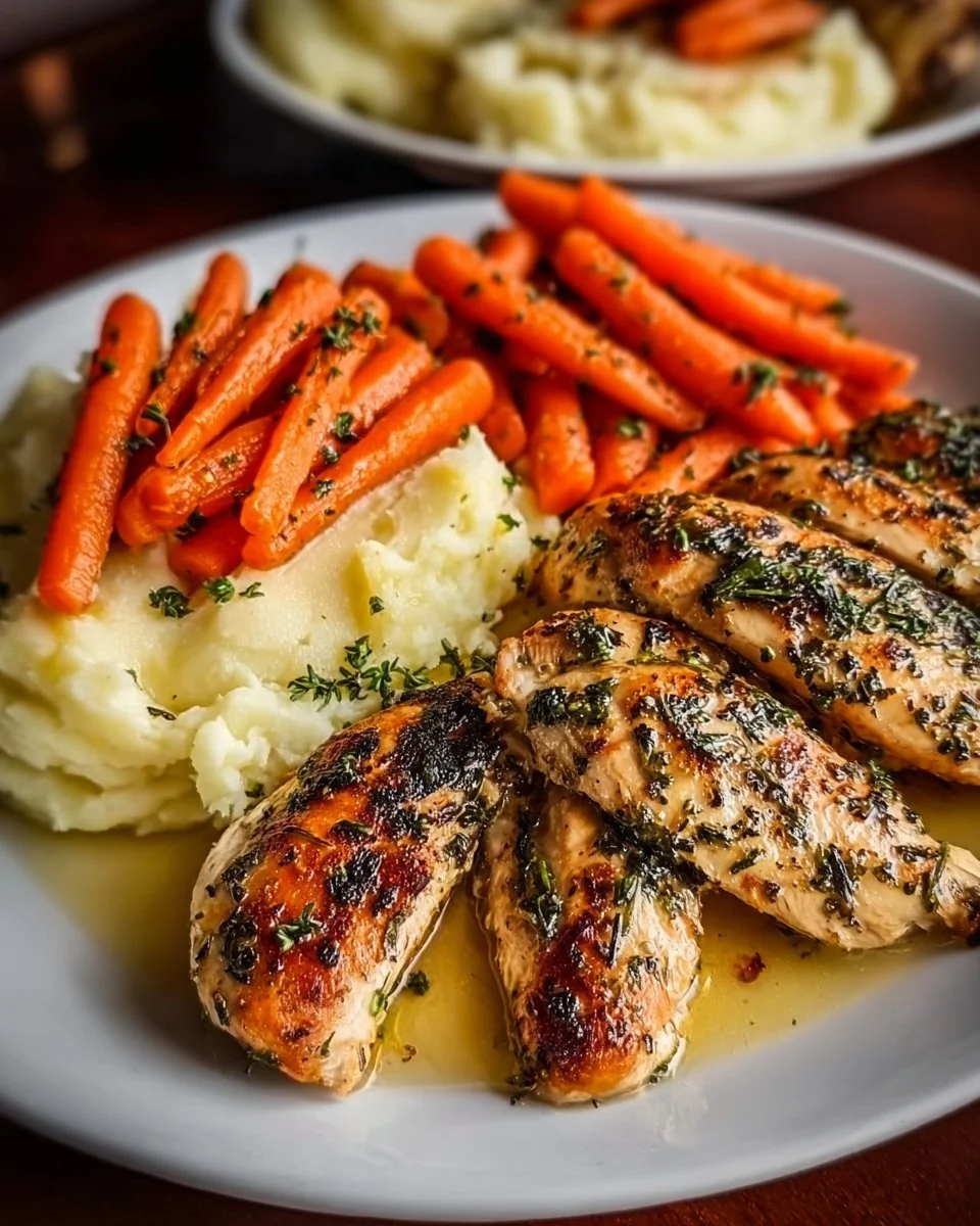 Garlic Herb Chicken with Creamy Mashed Potatoes and Glazed Carrots