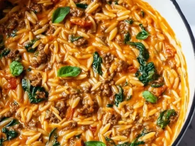 Quick Ground Beef Orzo with Tomato Cream Sauce