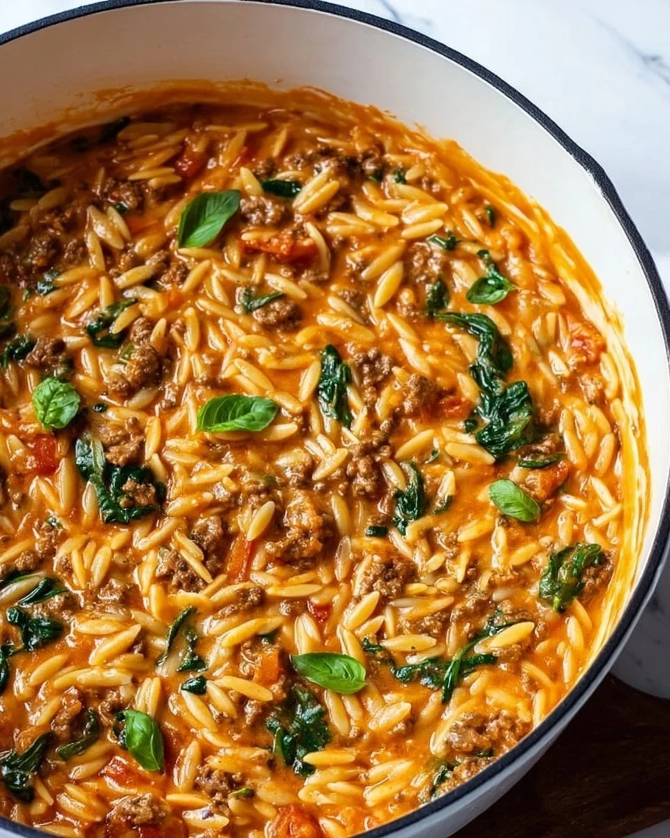 Quick Ground Beef Orzo with Tomato Cream Sauce