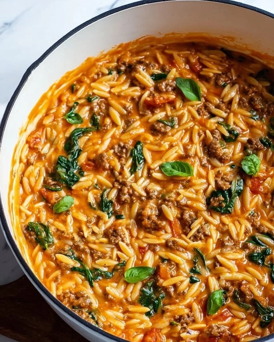 Quick Ground Beef Orzo with Tomato Cream Sauce